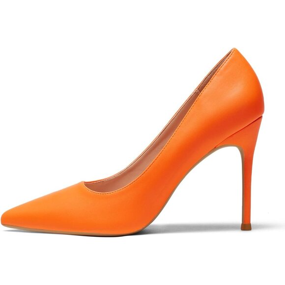 Women Orange Polyurethane Closed Pointed Toe Stiletto High Heel Shoes Pumps - Picture 3 of 9